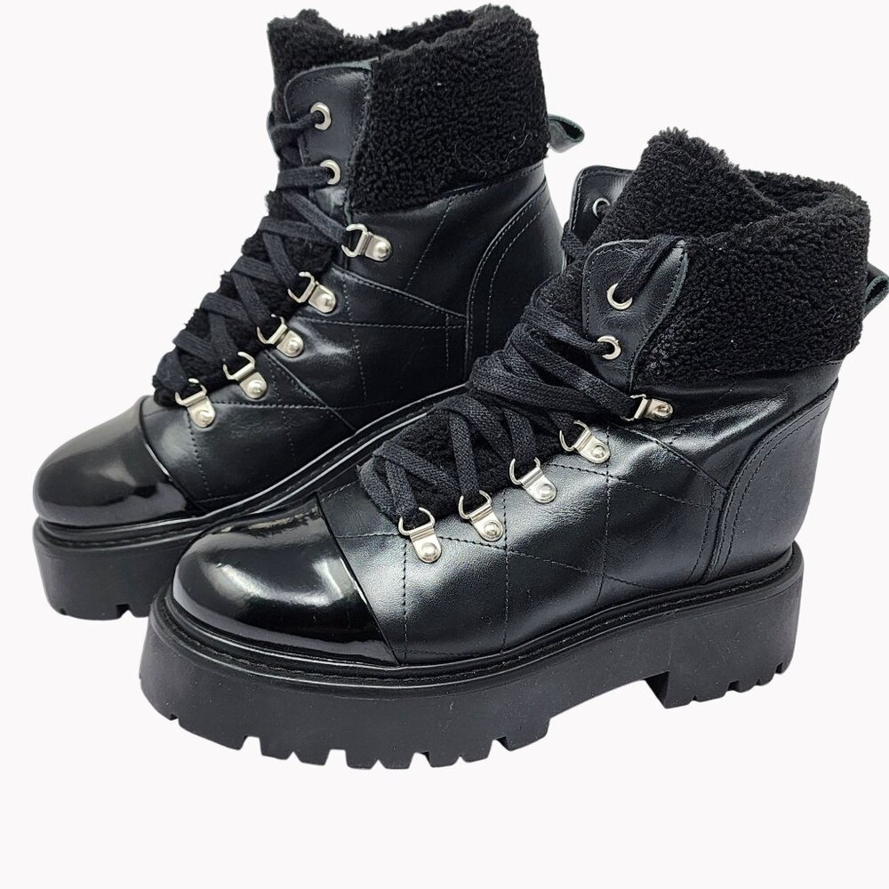 Steve Madden Womens 9M Reyen Combat Boots Black Faux Fur Lace Up Booties New